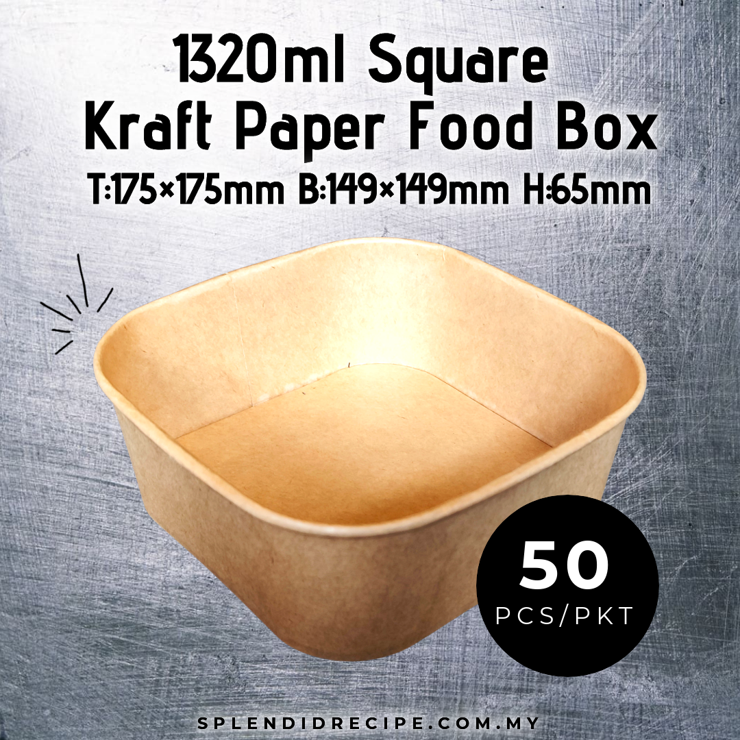 1320ml Square Kraft Paper Food Box with PET Lid (50pcs)