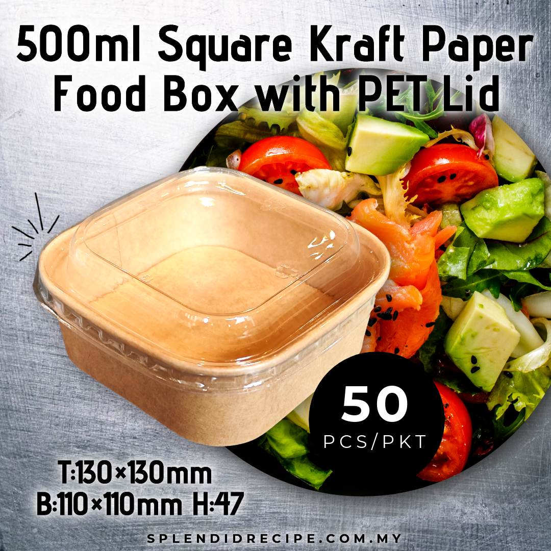 500ml Square Kraft Paper Food Box with PET Lid (50pcs)