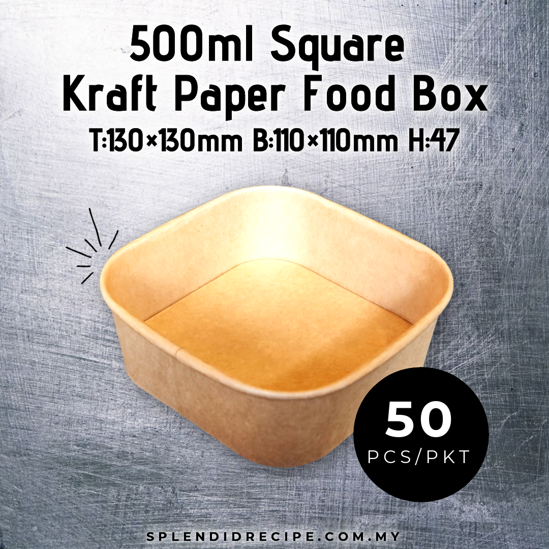 500ml Square Kraft Paper Food Box with PET Lid (50pcs)