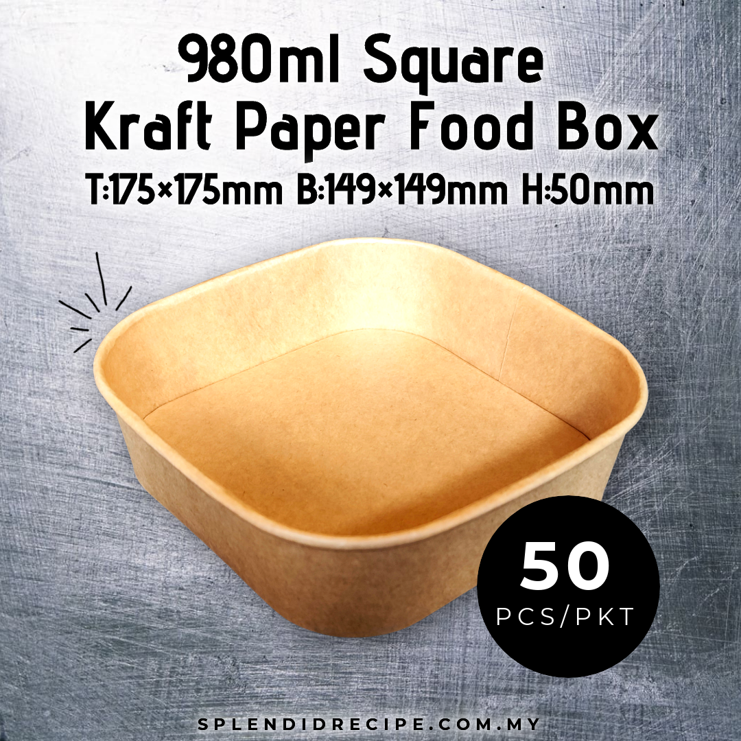 980ml Square Kraft Paper Food Box with PET Lid (50pcs)