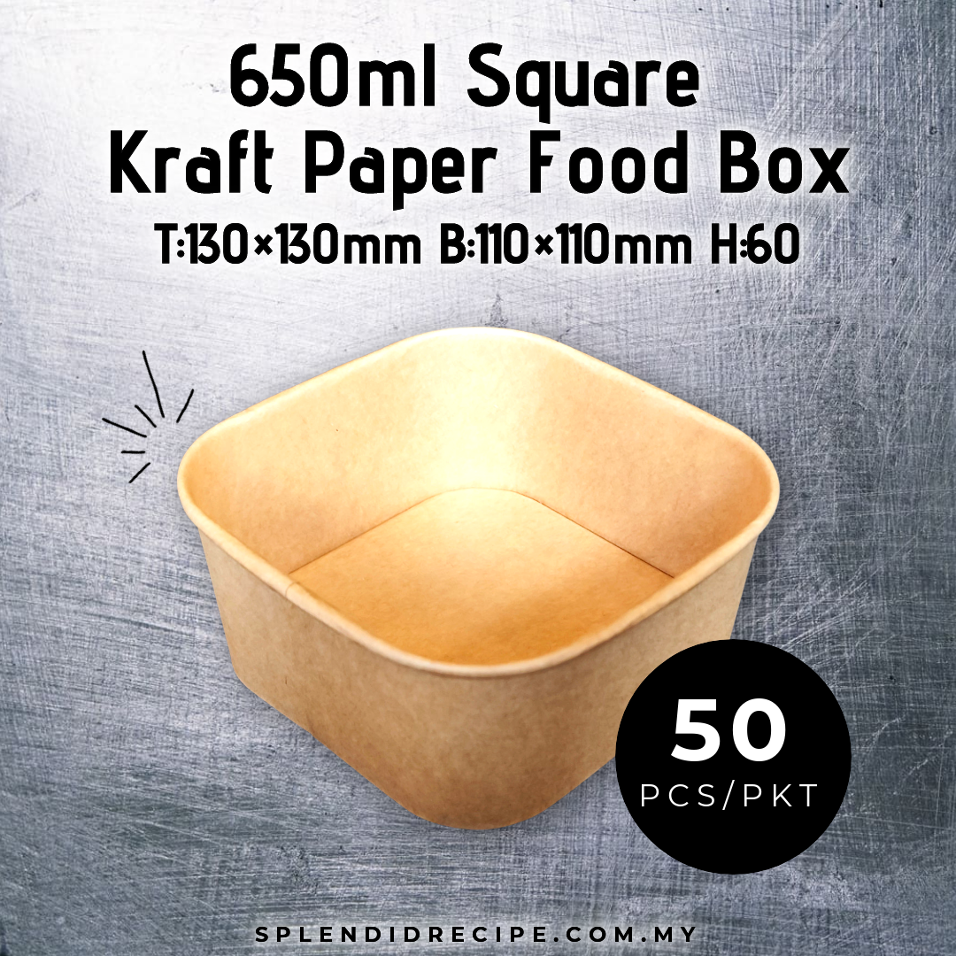 650ml Square Kraft Paper Food Box with PET Lid (50pcs)