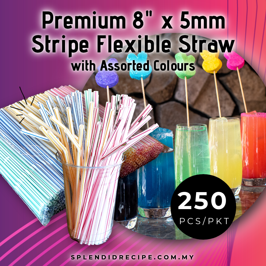 Premium 8" x 5mm Stripe Flexible Straw Flat End Assorted Colors (250 straws)