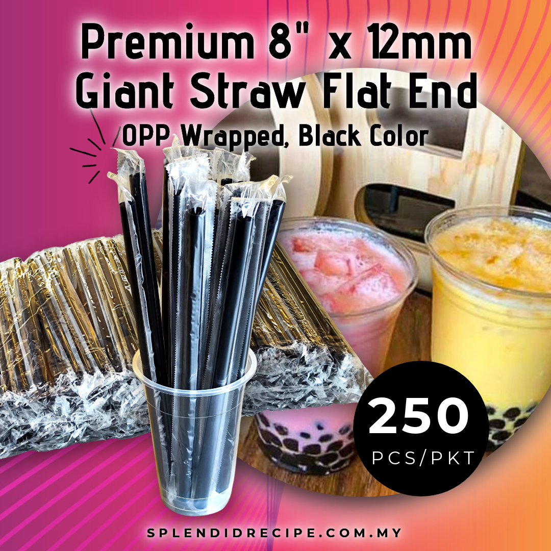 8" x 12mm Yellow Giant Straw Flat End OPP Individual Wrapped (250 straws)