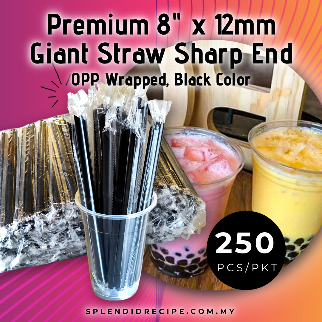 8" x 12mm Black Giant Straw Sharp End OPP Individual Wrapped (250 straws)