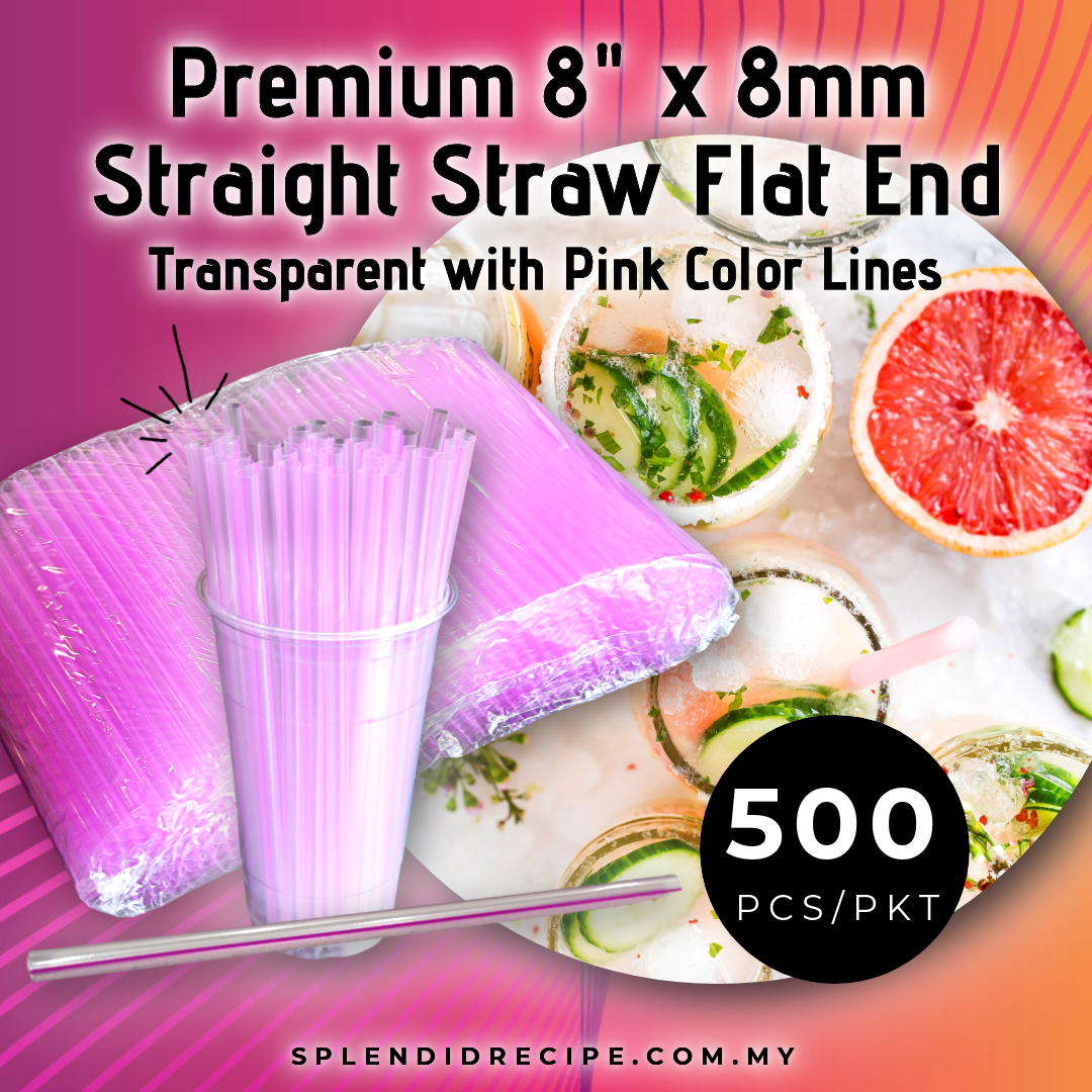 Premium 8" x 8mm Transparent with Pink Color Lines Straight Straw Flat End (500 straws)