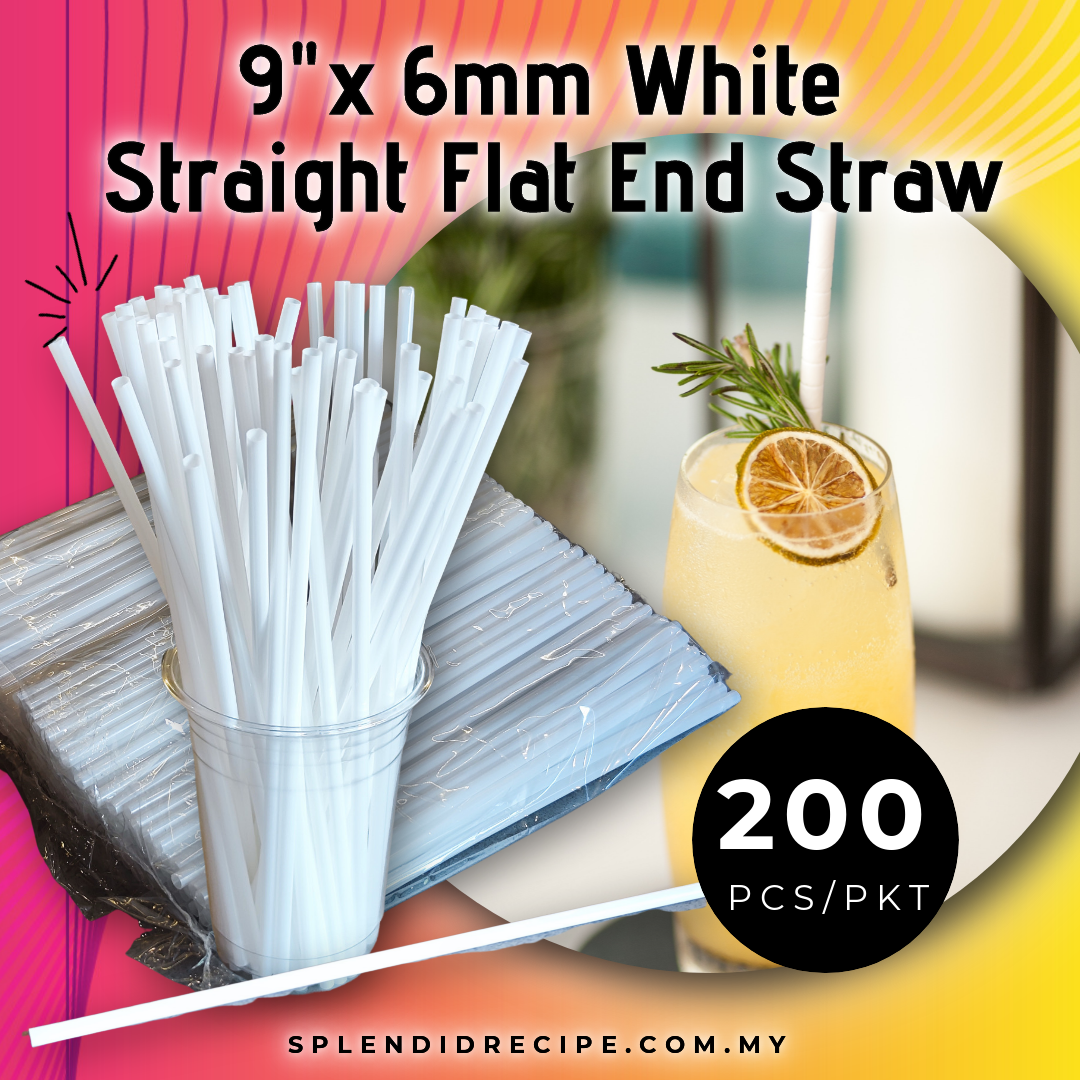 9" x 6mm White Straight Flat End Disposable Plastic Straw (200 straws)