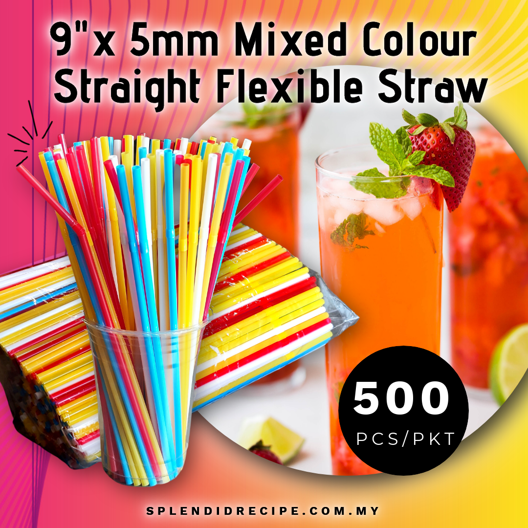 9" x 5mm Mixed Colours Flexible Straw Flat End (500 straws)