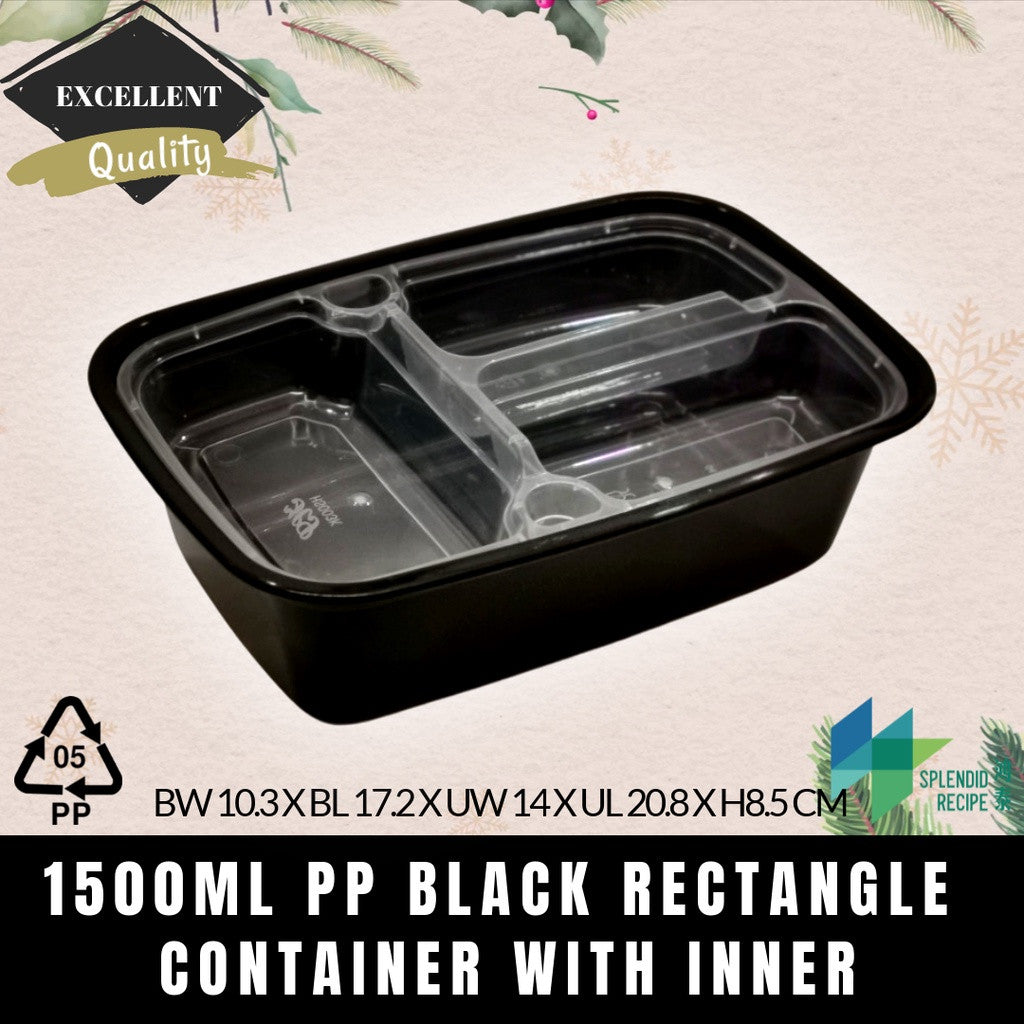 1500ml Black PP Rectangle Container with Inner (50 pcs)