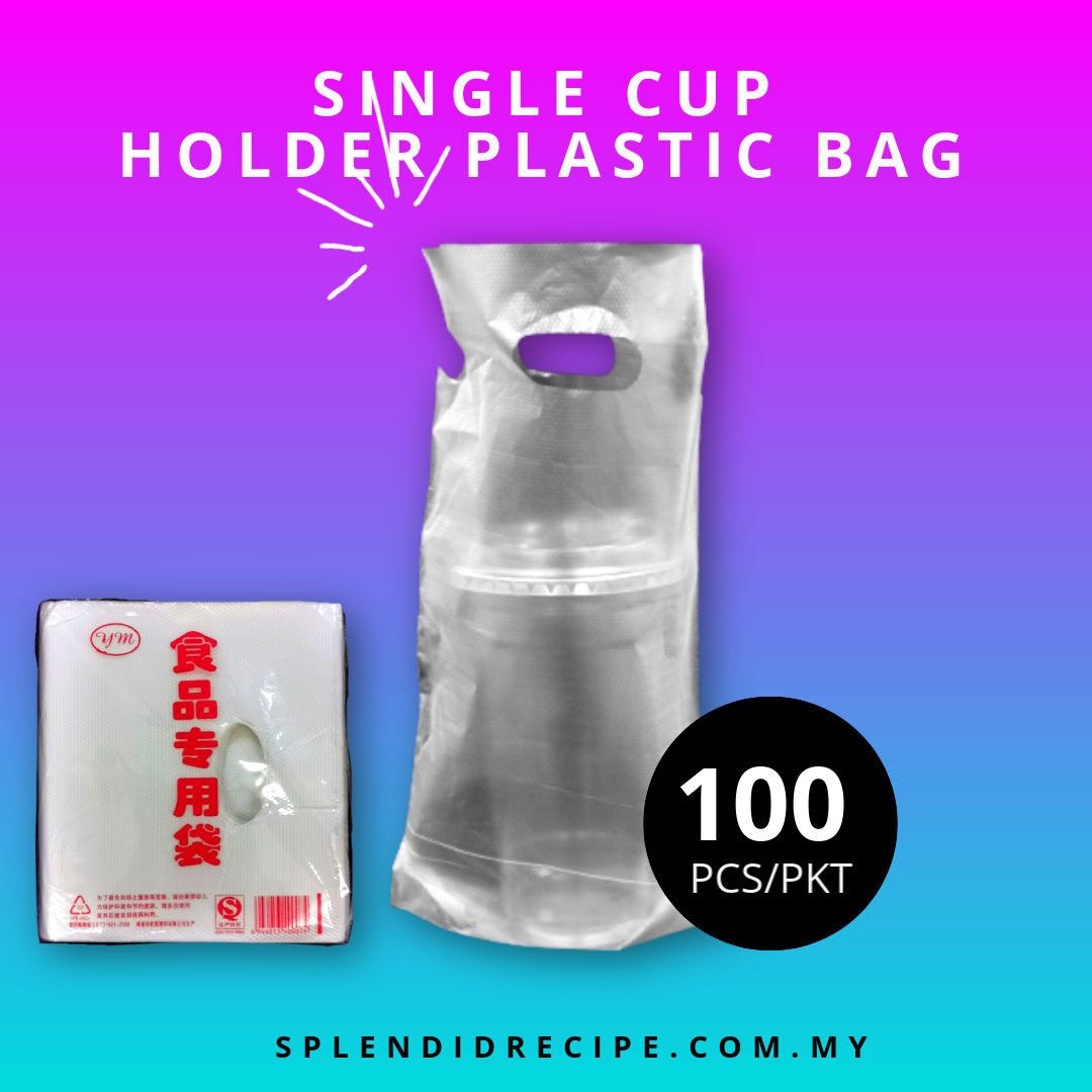 Single Cup Holder Beverage Embossed White Pouches Plastic Bag with Handle (100 pcs)