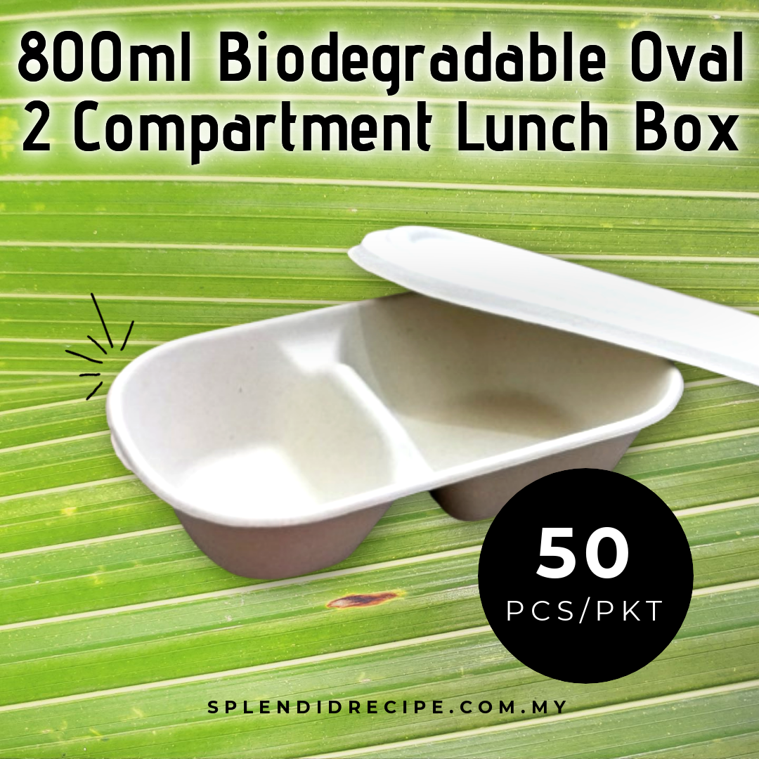 800ml Biodegradable Sugarcane Oval 2 Compartment Lunch Box with Lid (50 pcs)