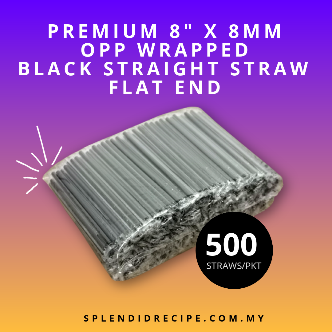 8" x 8mm Black Straight Straw Flat End Individual OPP Wrapped (500 straws)