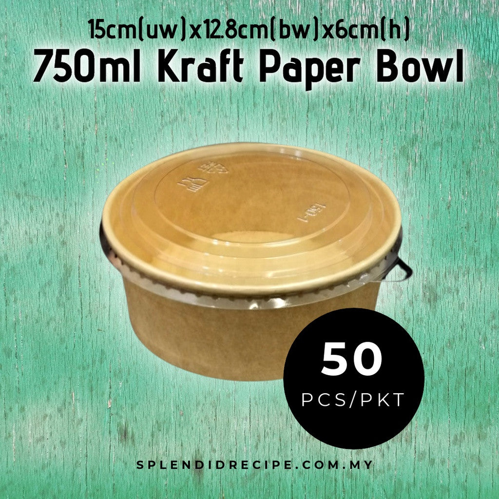 750ml Biodegradable Disposable Kraft Paper Bowl with Lid (50 pcs)