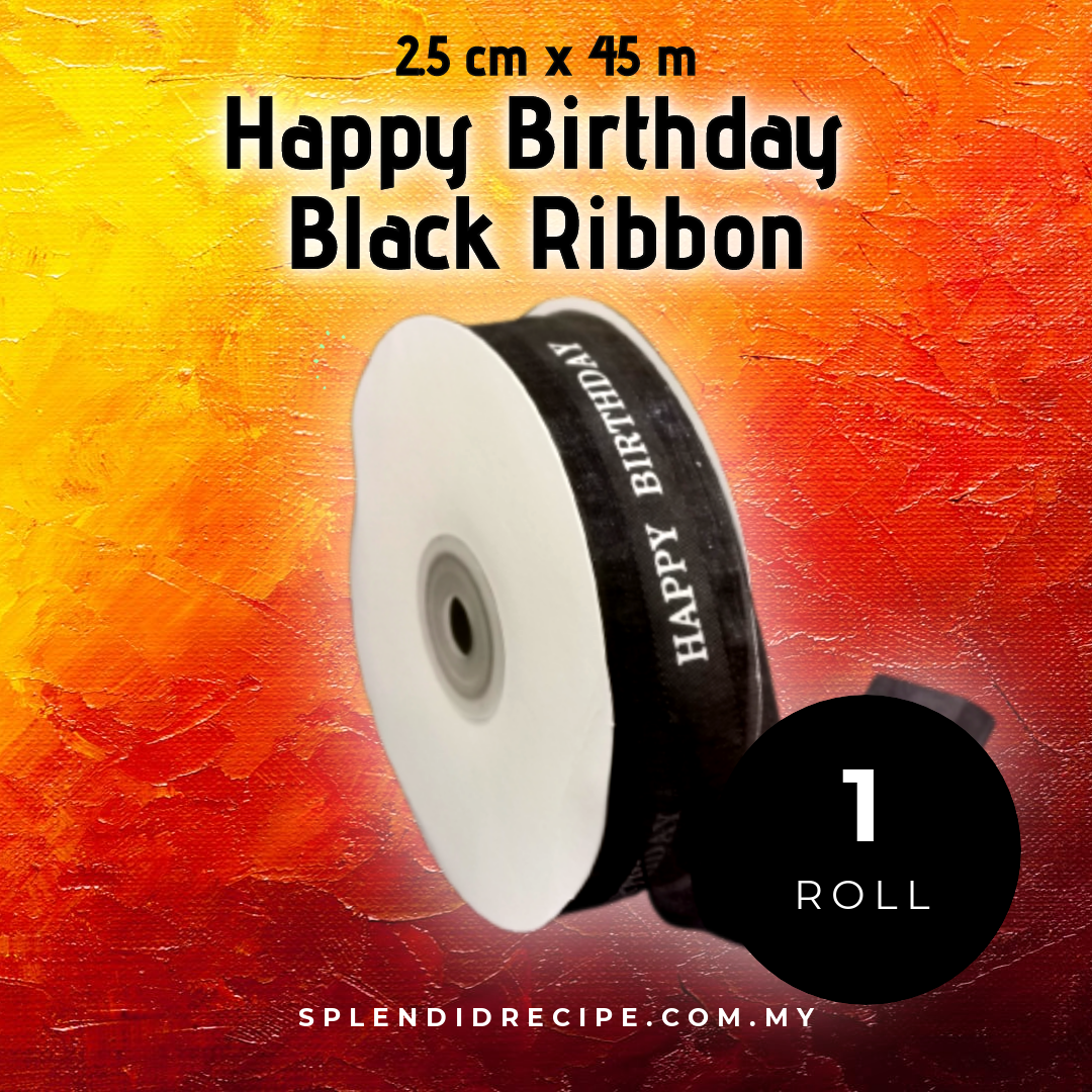 2.5cm x 45m Black Happy Birthday Ribbon (1 roll)
