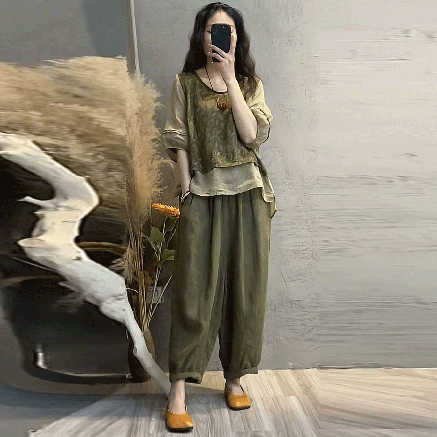 時尚棉麻印花拼接假兩件顯瘦兩件套裝