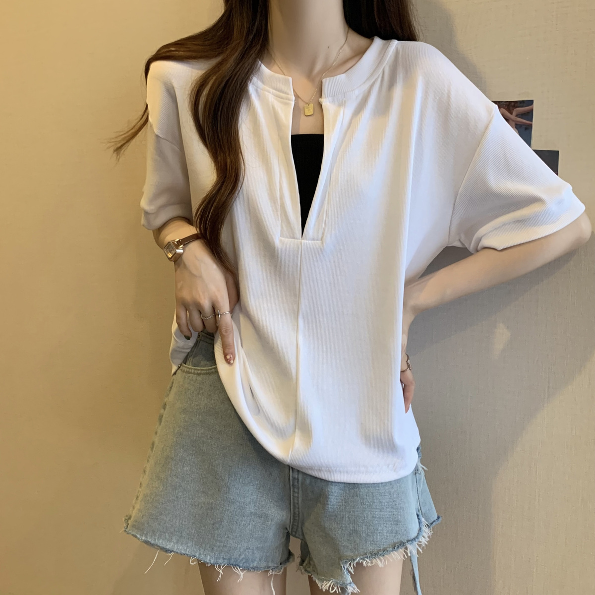 Ins潮寬鬆顯瘦百搭小眾遮肚假兩件短袖