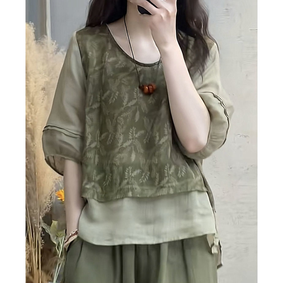 時尚棉麻印花拼接假兩件顯瘦兩件套裝