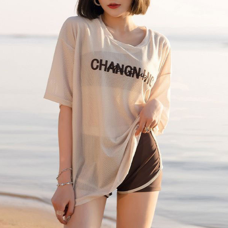 保守顯瘦遮肚海邊防曬平角三件套運動分體泳裝