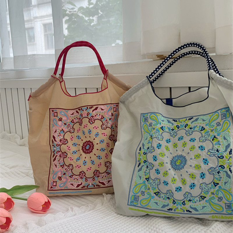 日系小眾腰果花刺繡購物袋尼龍環保袋時尚手提單肩包