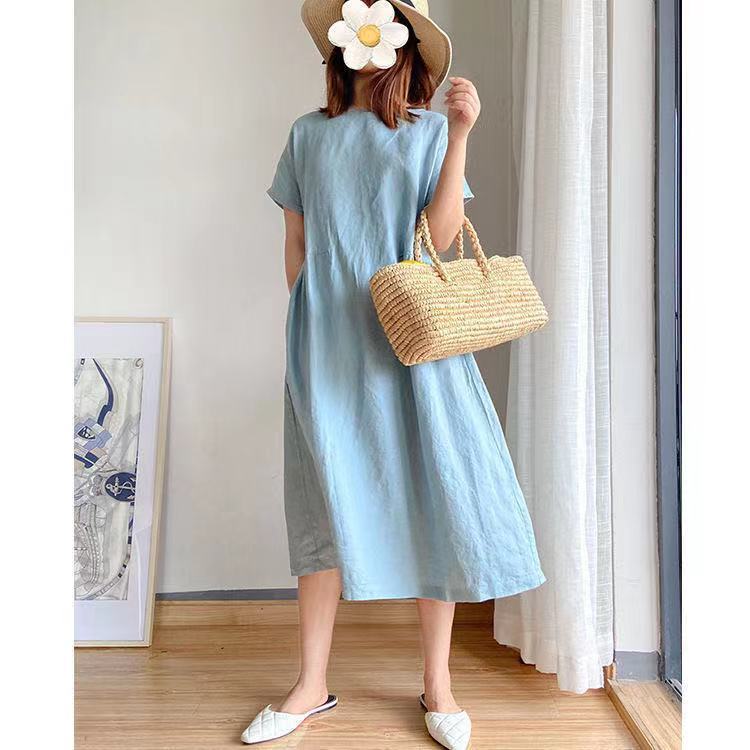 簡約休閒文藝范寬鬆顯瘦中長款連身裙
