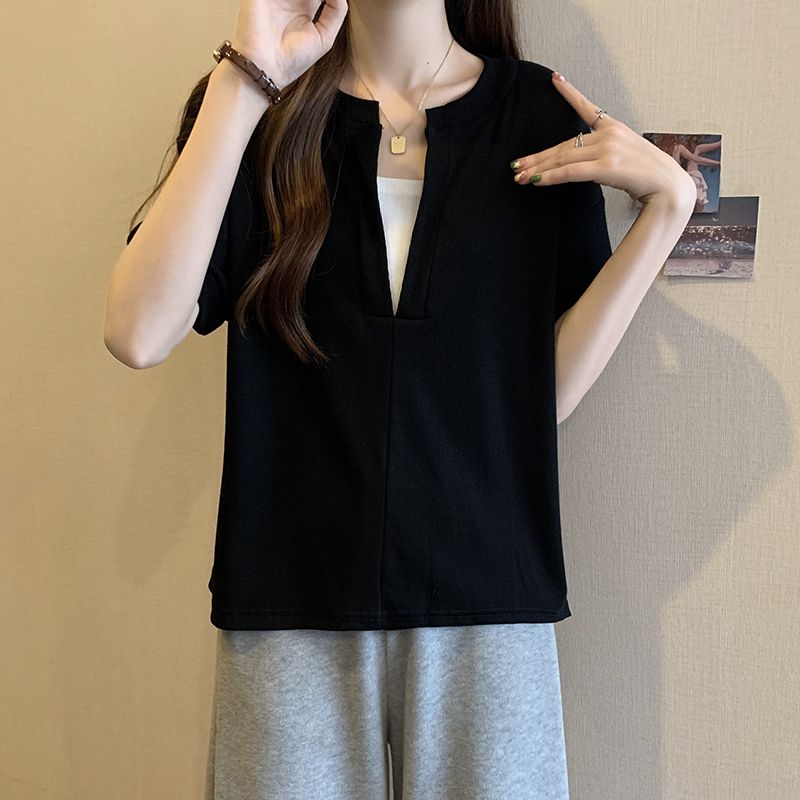 Ins潮寬鬆顯瘦百搭小眾遮肚假兩件短袖