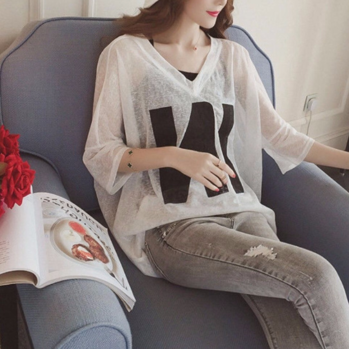 休閒時尚寬鬆V領吊帶衫洋氣兩件套短袖