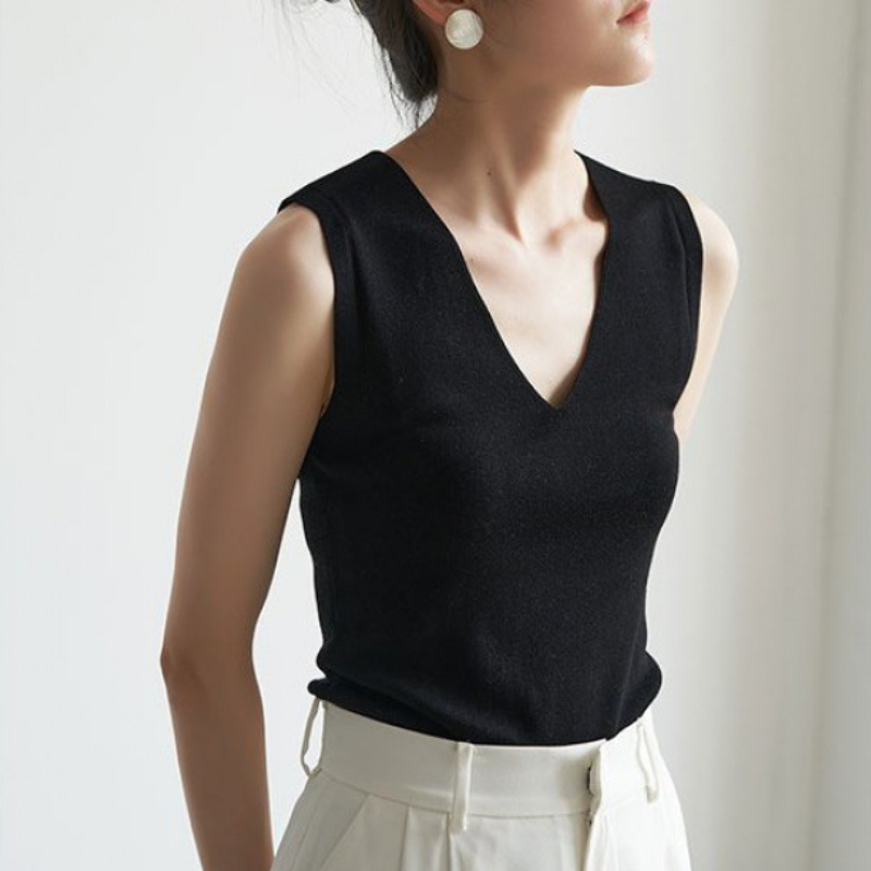 【全4色】時尚氣質洋氣冰絲V領無袖內搭打底背心