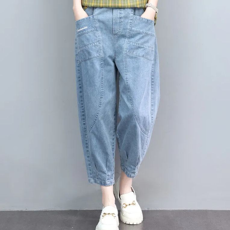 薄款高腰牛仔七分褲寬鬆顯瘦百搭刺繡鬆緊腰哈倫褲裝