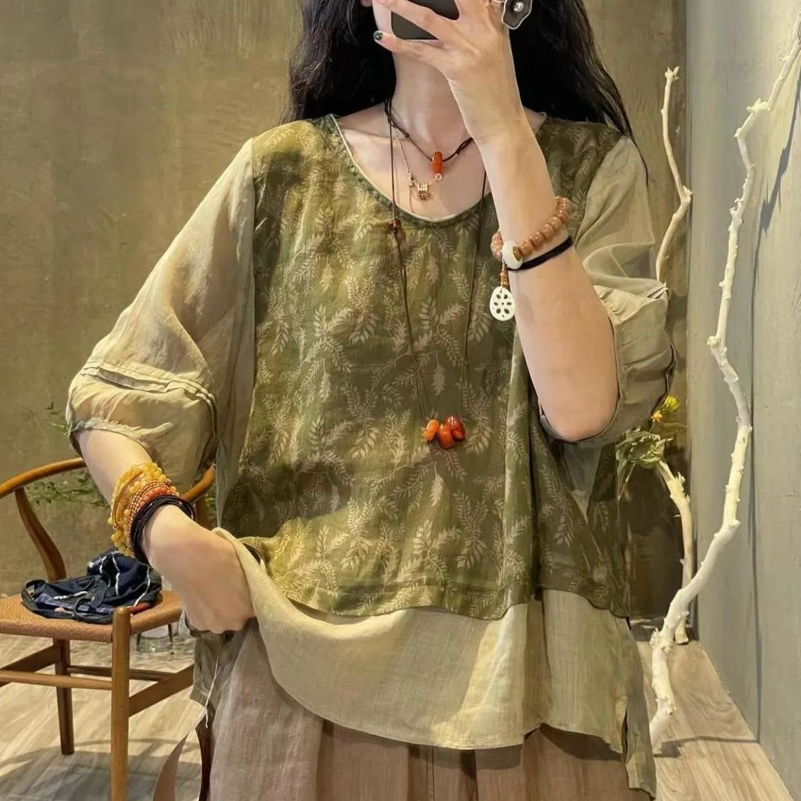 時尚棉麻印花拼接假兩件顯瘦兩件套裝