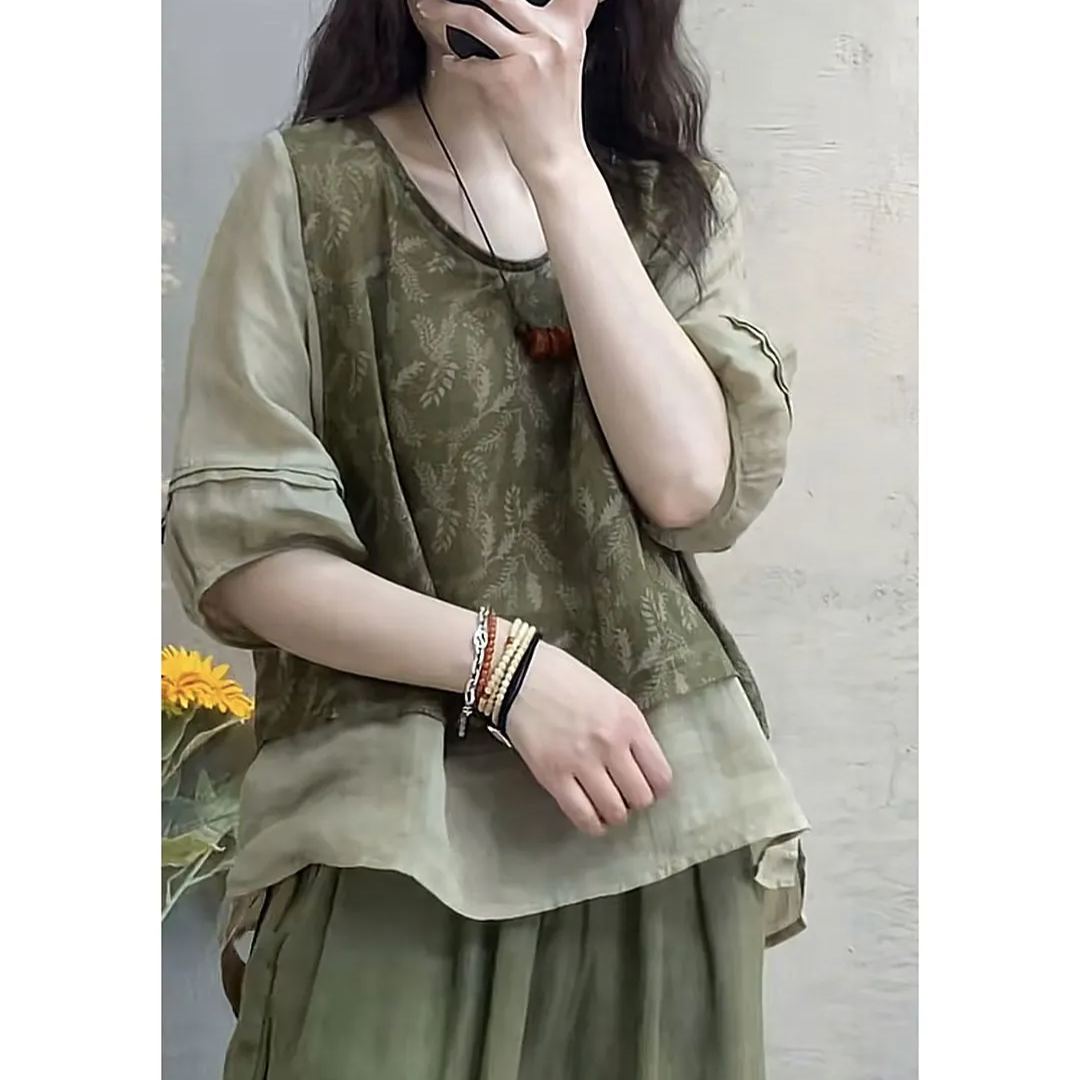 時尚棉麻印花拼接假兩件顯瘦兩件套裝