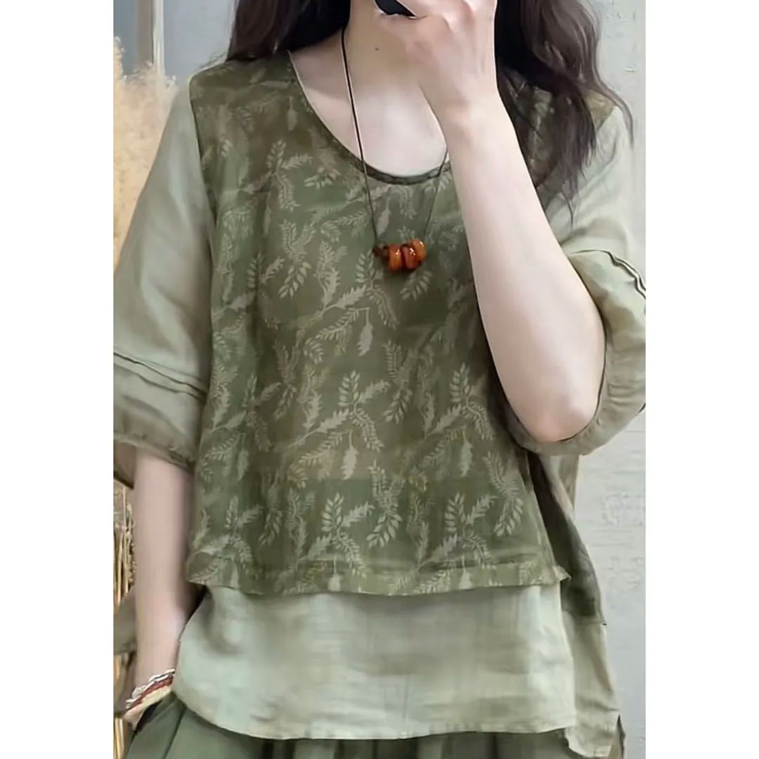 時尚棉麻印花拼接假兩件顯瘦兩件套裝