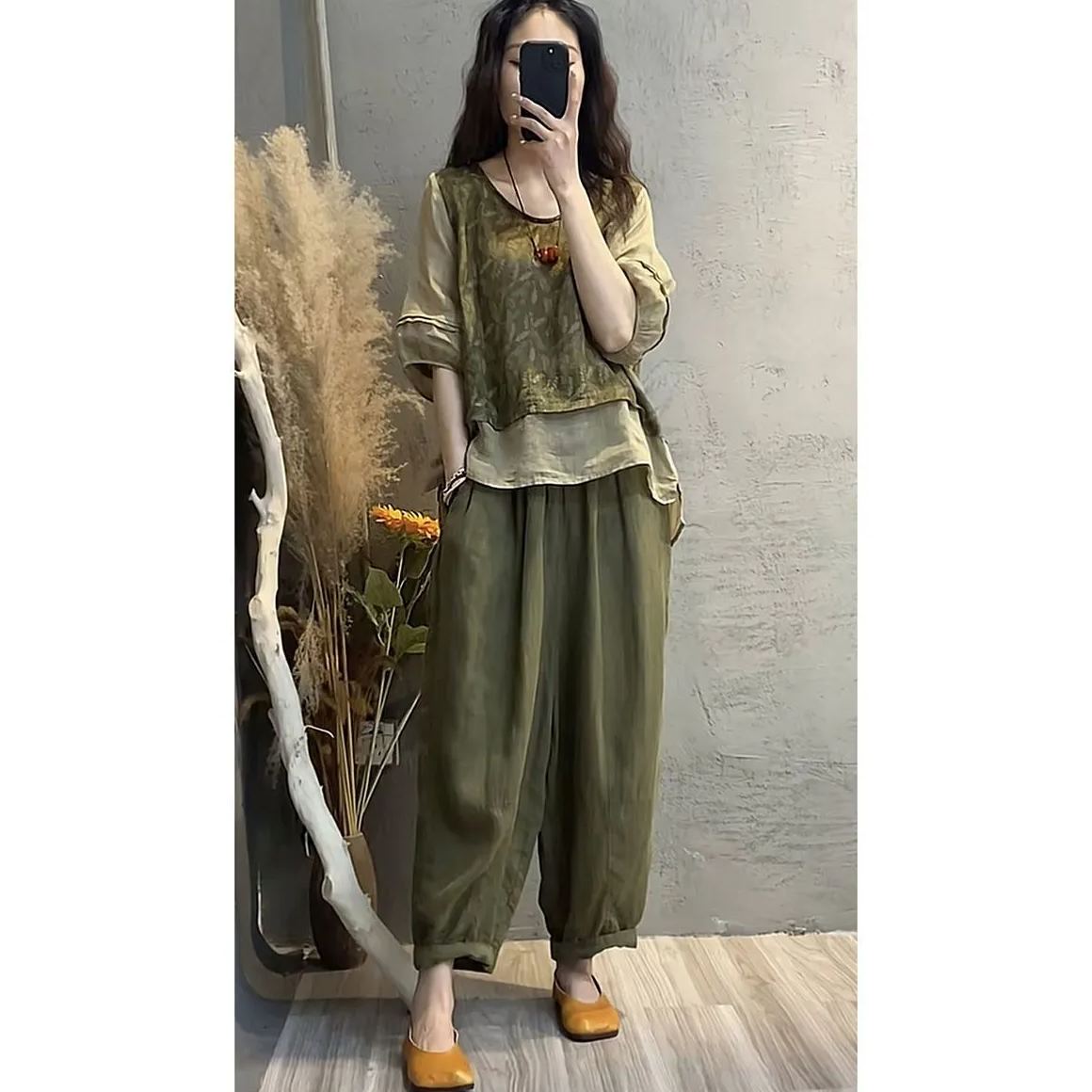 時尚棉麻印花拼接假兩件顯瘦兩件套裝