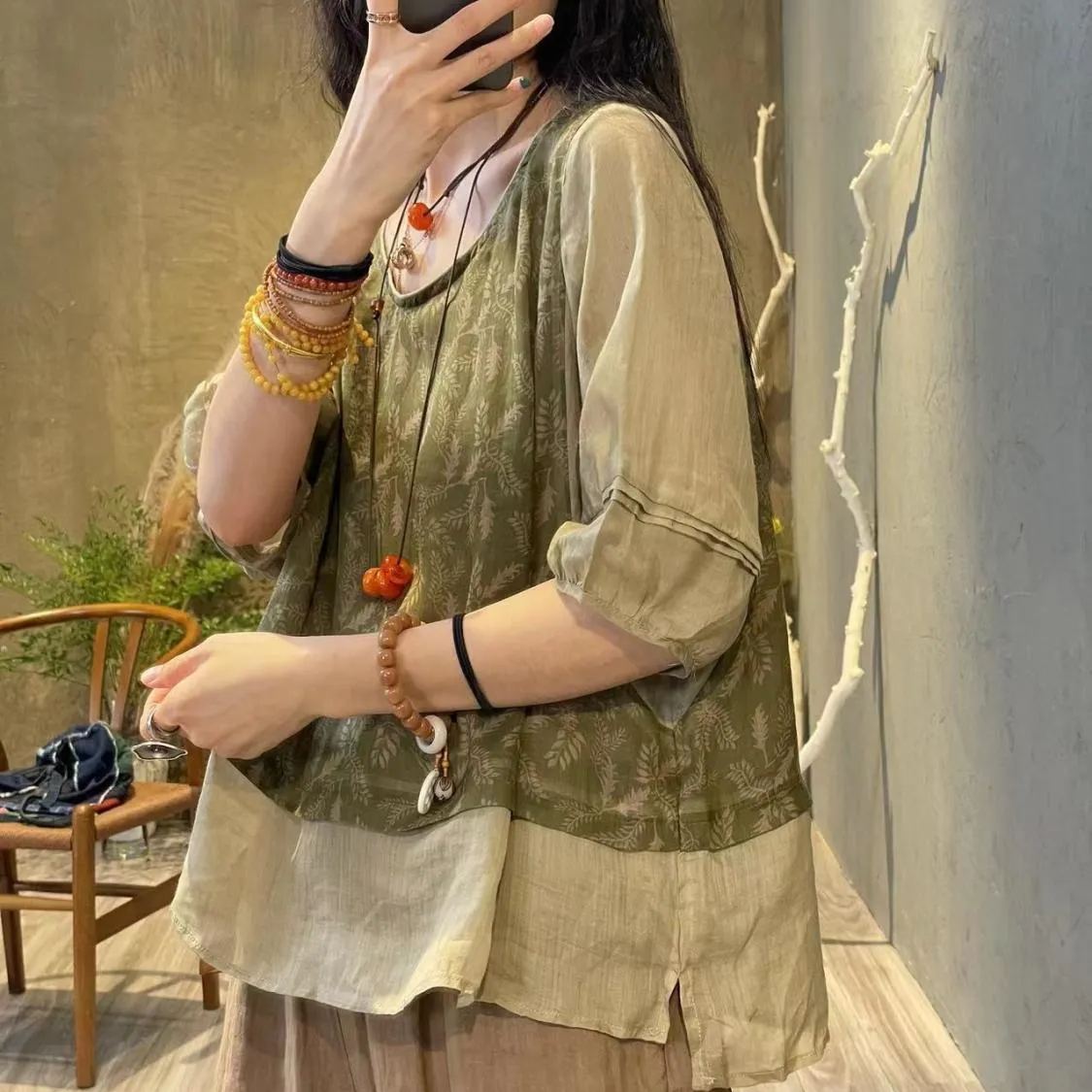 時尚棉麻印花拼接假兩件顯瘦兩件套裝