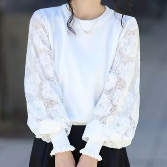 法式氣質蕾絲拼接燈籠袖圓領套頭毛衣針織衫