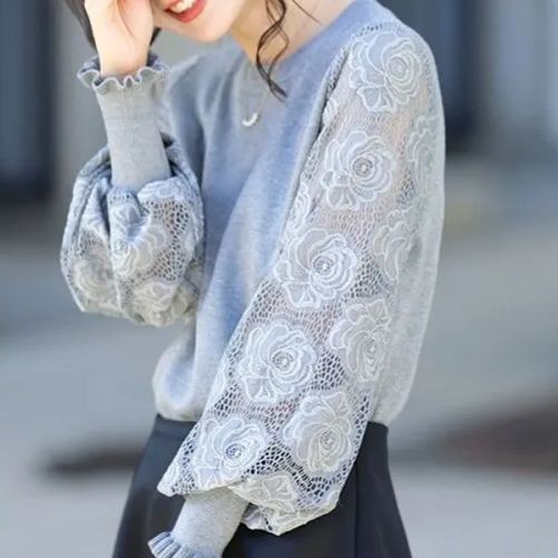法式氣質蕾絲拼接燈籠袖圓領套頭毛衣針織衫