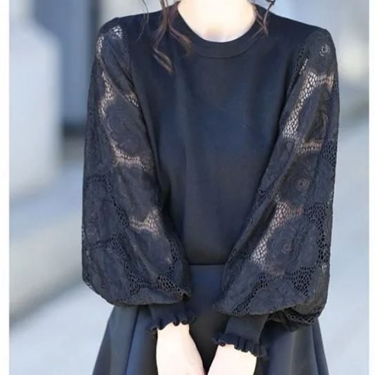 法式氣質蕾絲拼接燈籠袖圓領套頭毛衣針織衫