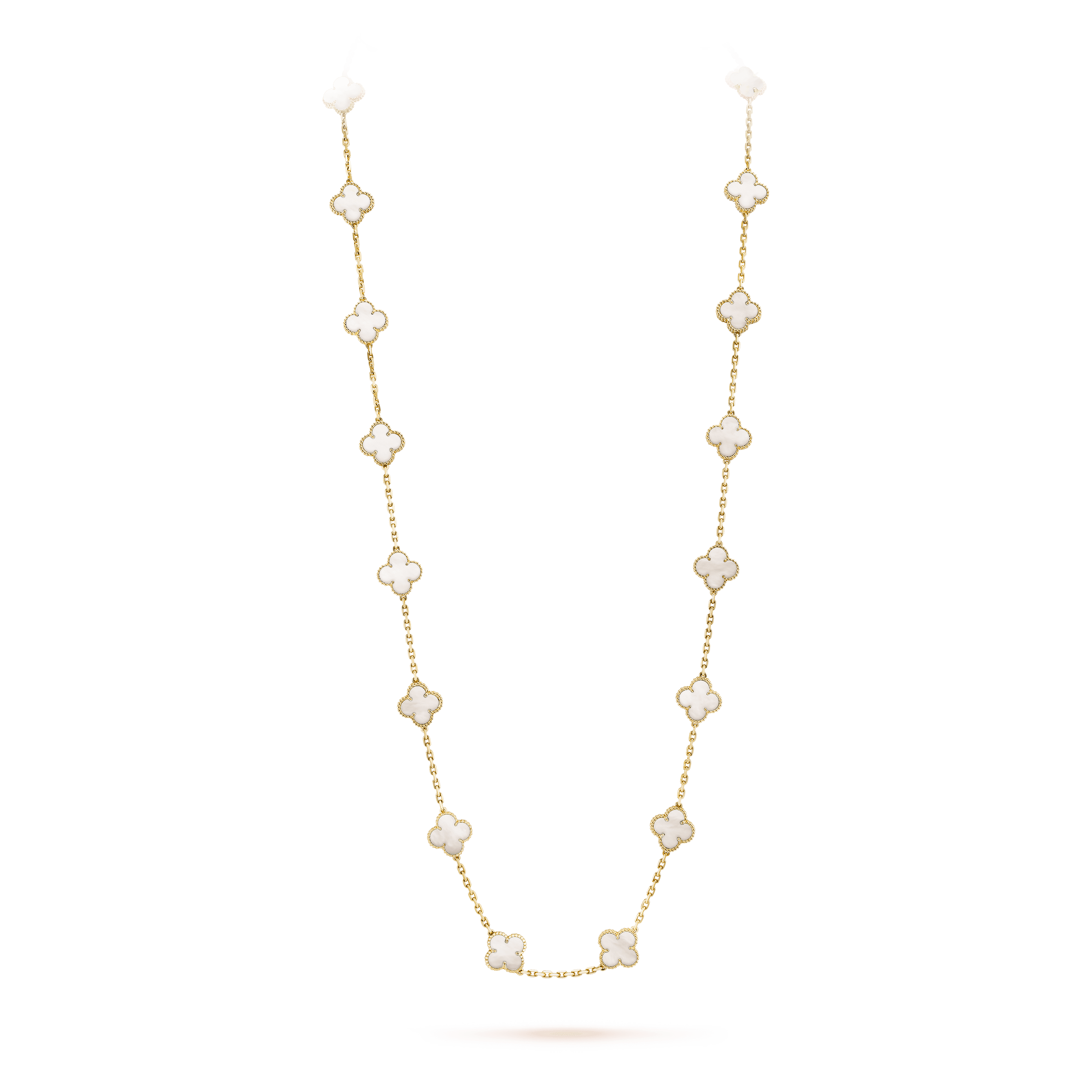 ヴィンテージ アルハンブラ ロングネックレス、20モチーフ, イエローゴールド, マザー オブ パール: 20 石, On Stand, Jewelry Long Necklace