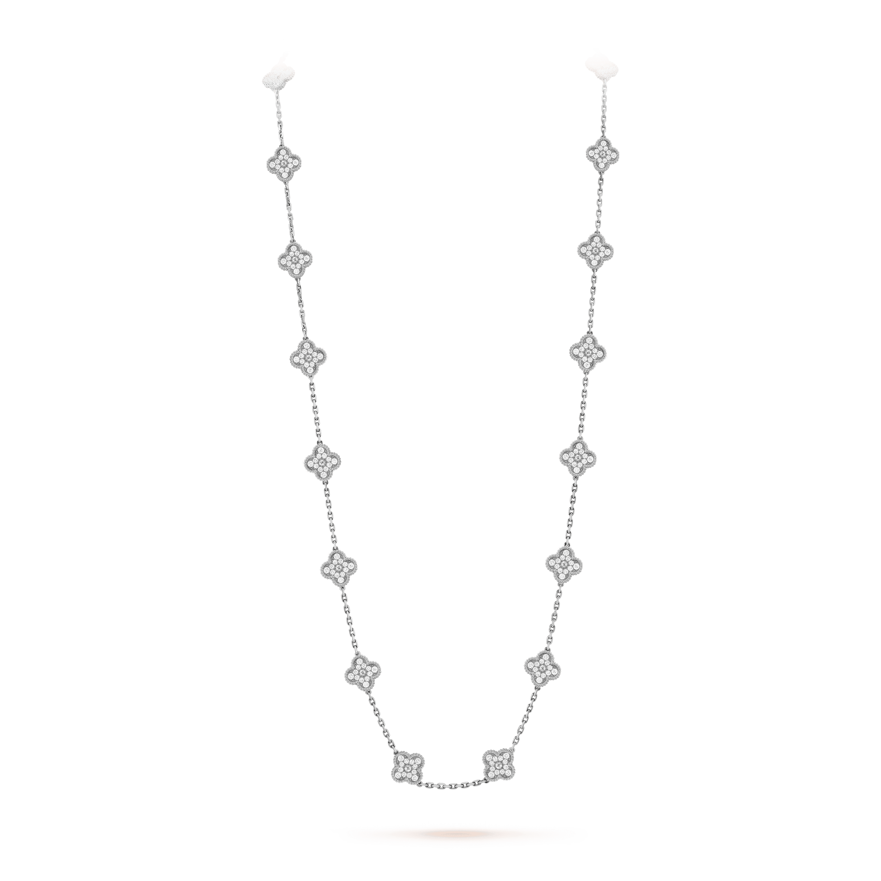 ヴィンテージ アルハンブラ ロングネックレス、20モチーフ, ホワイトゴールド, ダイヤモンド: 240 石, 9.67 カラット, On Stand, Jewelry Long Necklace