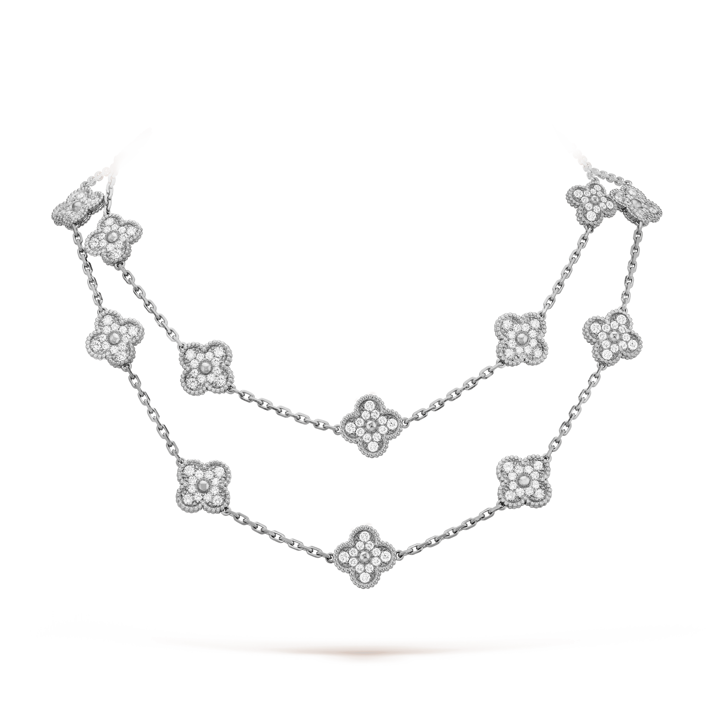 ヴィンテージ アルハンブラ ロングネックレス、20モチーフ, ホワイトゴールド, ダイヤモンド: 240 石, 9.67 カラット, Detail, Jewelry Long Necklace