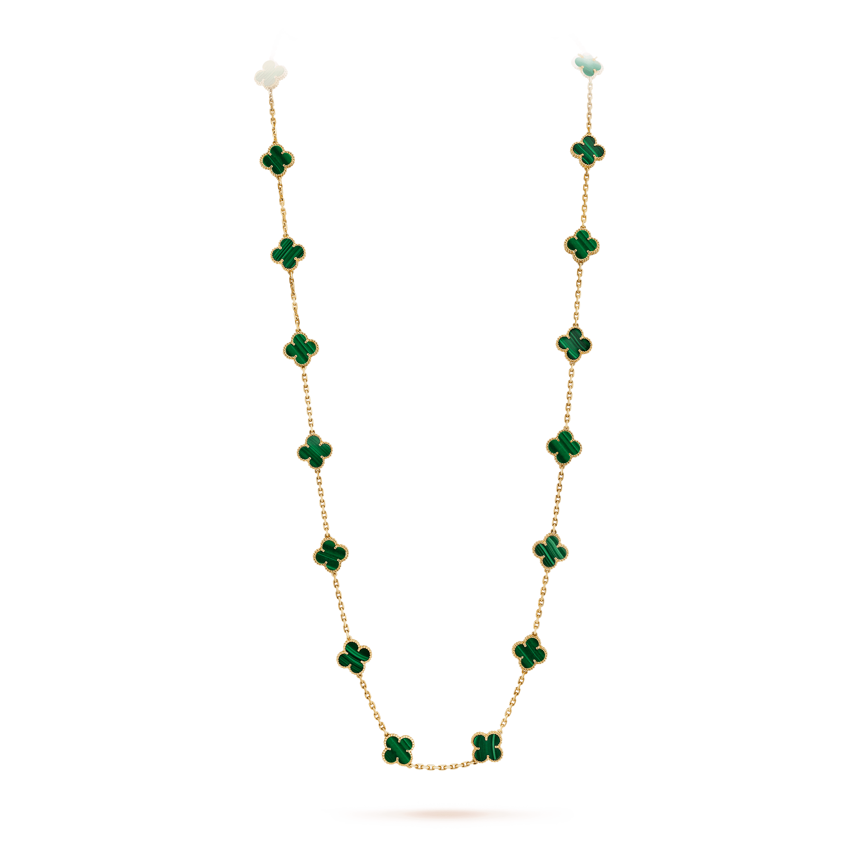 ヴィンテージ アルハンブラ ロングネックレス、20モチーフ, イエローゴールド, マラカイト: 20 石, On Stand, Jewelry Long Necklace