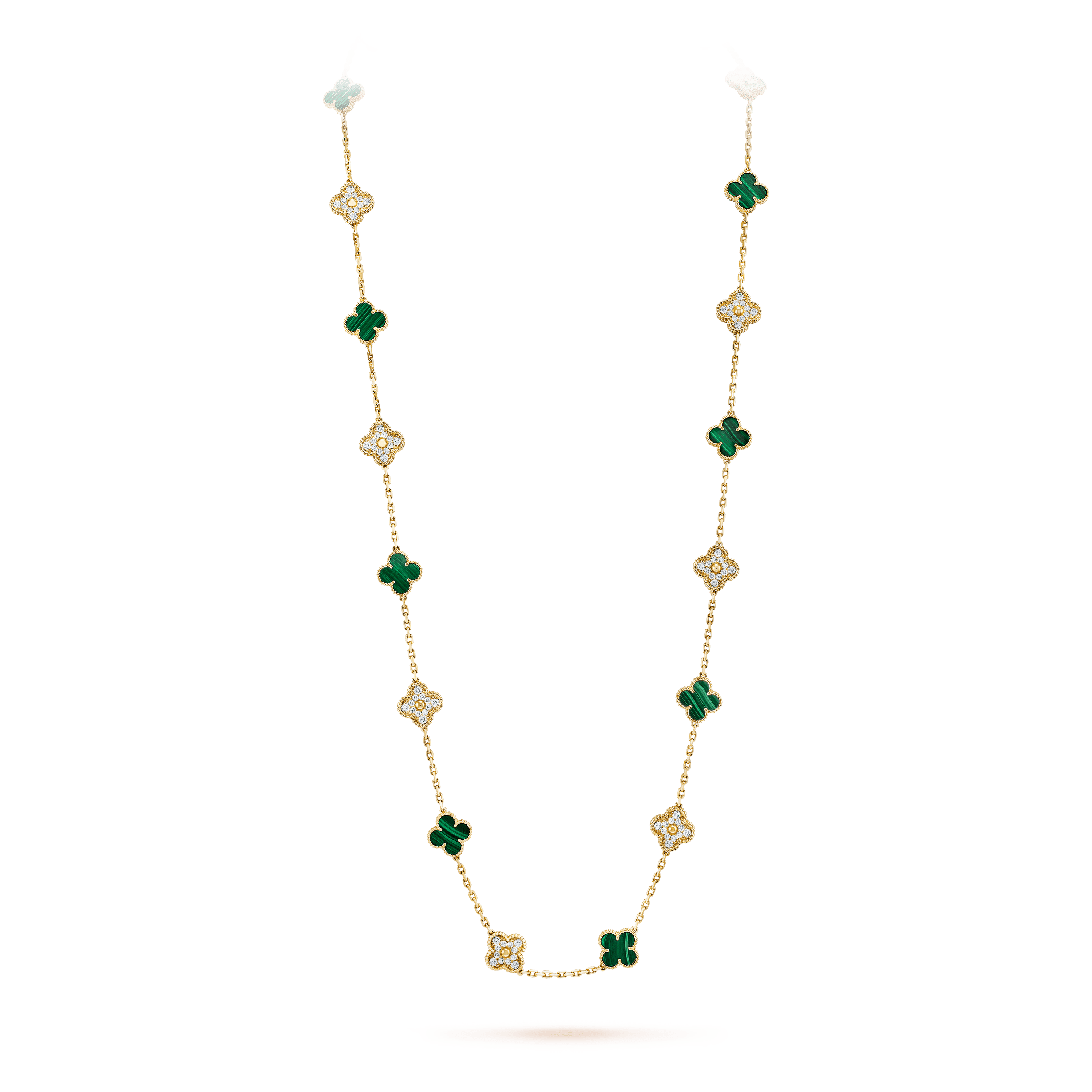 ヴィンテージ アルハンブラ ロングネックレス、20モチーフ, イエローゴールド, ダイヤモンド: 120 石, 4.83 カラット, マラカイト: 10 石, On Stand, Jewelry Long Necklace