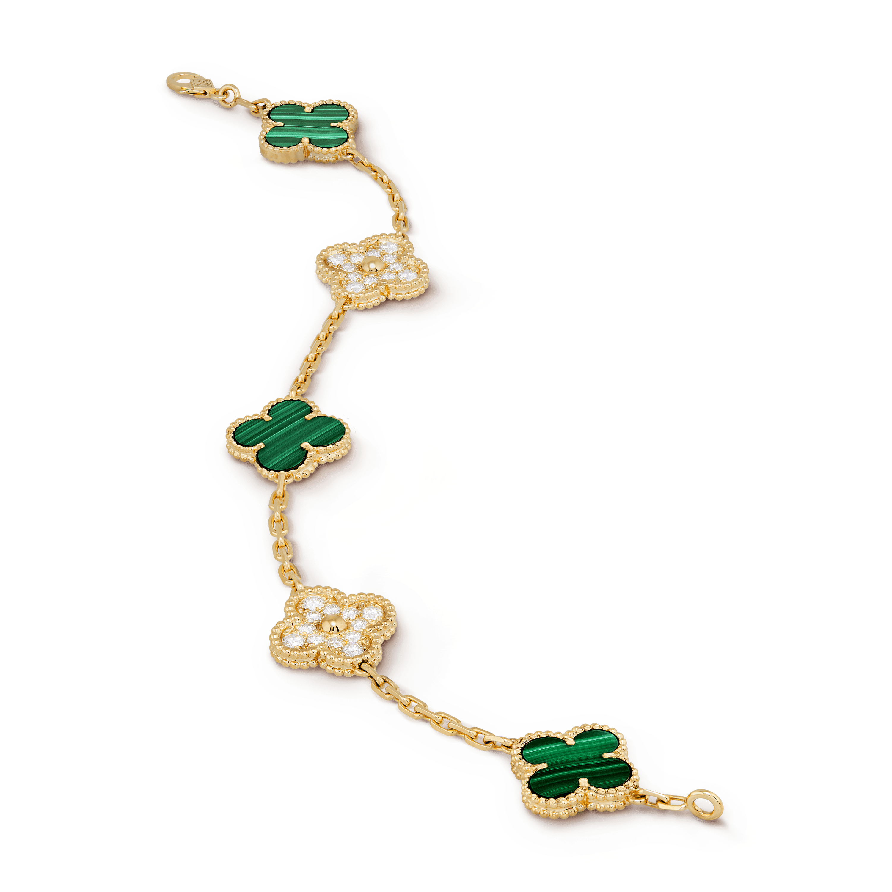 ヴィンテージ アルハンブラ ブレスレット、5モチーフ, イエローゴールド, ダイヤモンド: 24 石, 0.97 カラット, マラカイト: 3 石, Close Up, Jewelry Bracelet