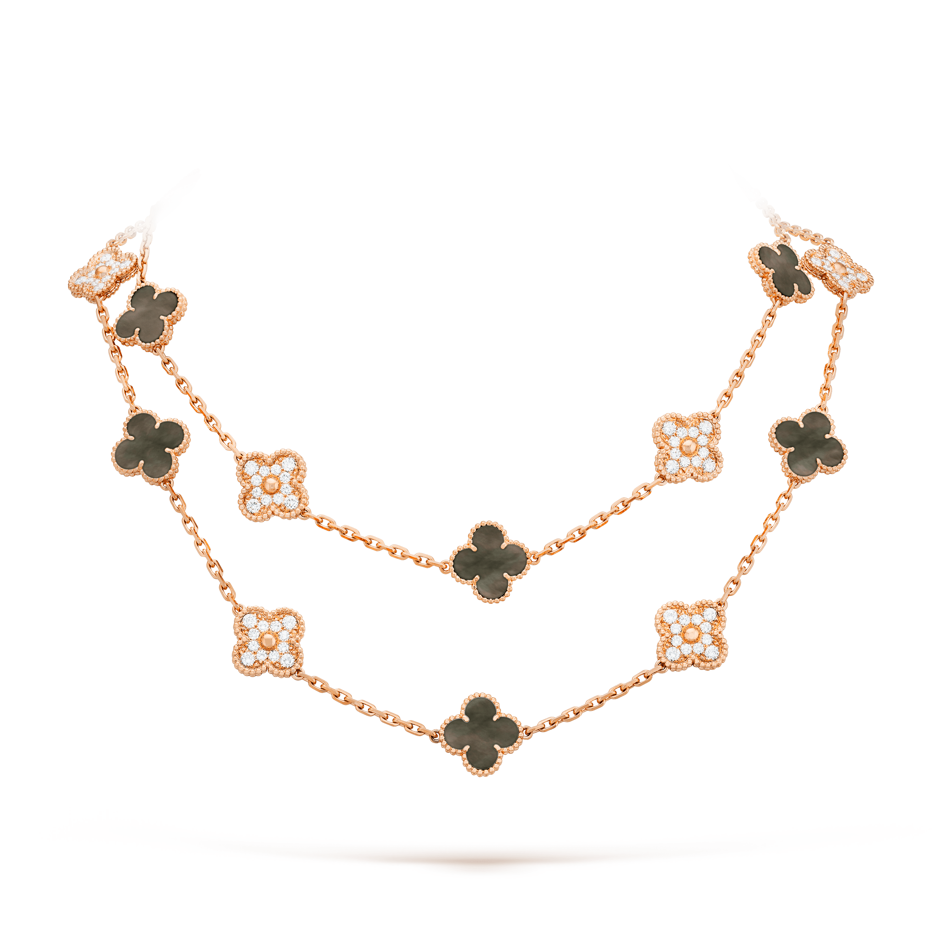 ヴィンテージ アルハンブラ ロングネックレス、20モチーフ, ローズ ゴールド, ダイヤモンド: 120 石, 4.83 カラット, マザー オブ パール: 10 石, Detail, Jewelry Long Necklace