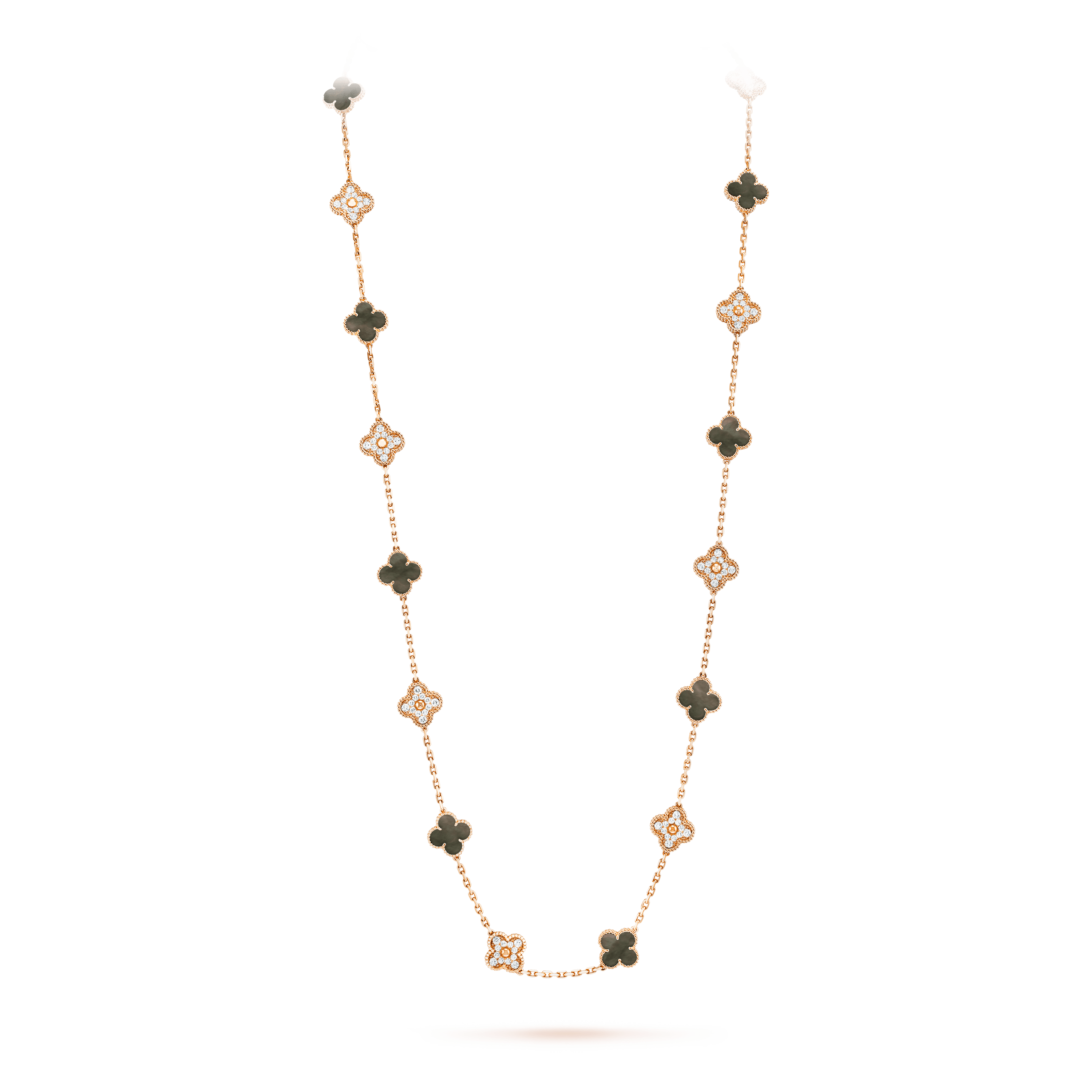 ヴィンテージ アルハンブラ ロングネックレス、20モチーフ, ローズ ゴールド, ダイヤモンド: 120 石, 4.83 カラット, マザー オブ パール: 10 石, On Stand, Jewelry Long Necklace