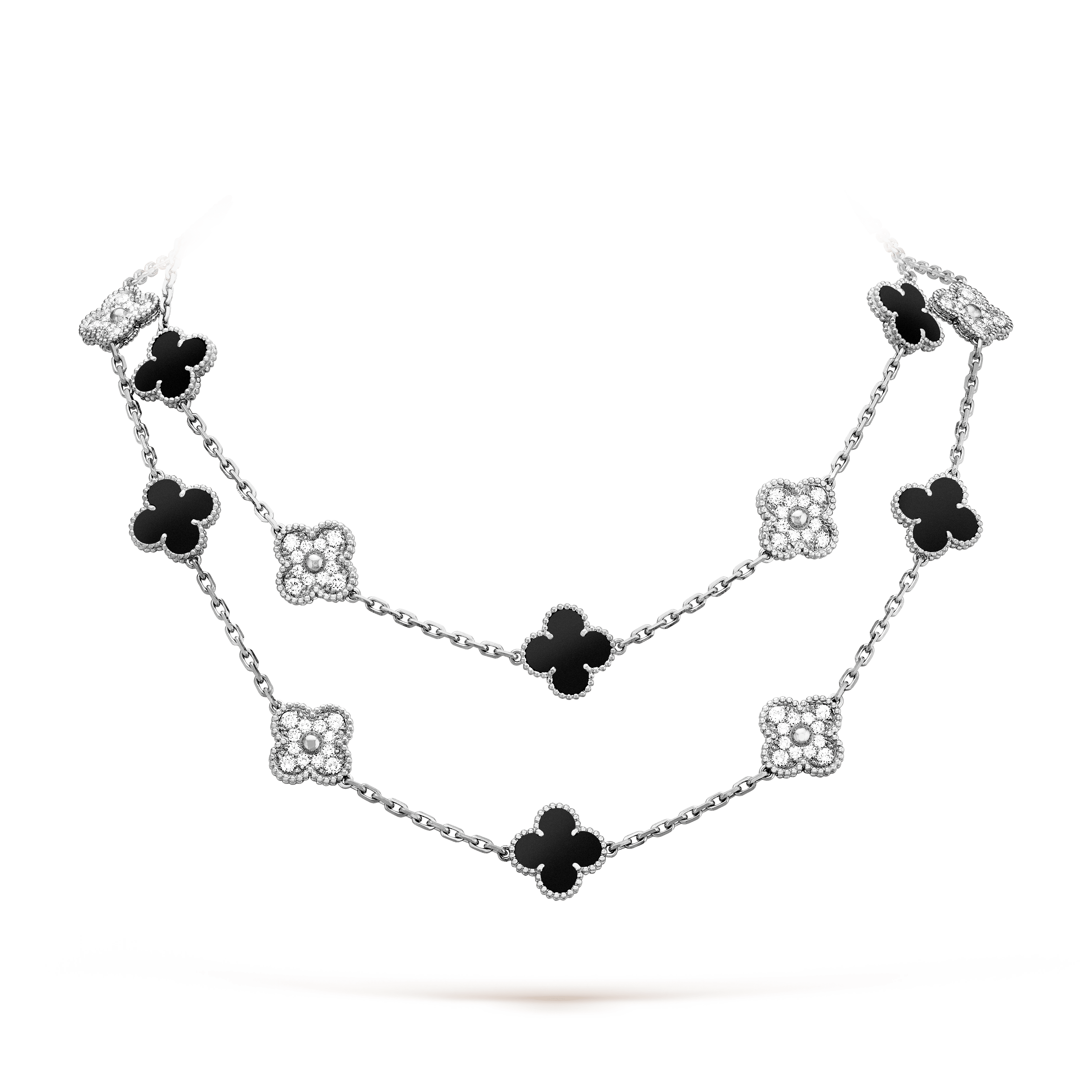 ヴィンテージ アルハンブラ ロングネックレス、20モチーフ, ホワイトゴールド, オニキス: 10 石, ダイヤモンド: 120 石, 4.83 カラット, Detail, Jewelry Long Necklace