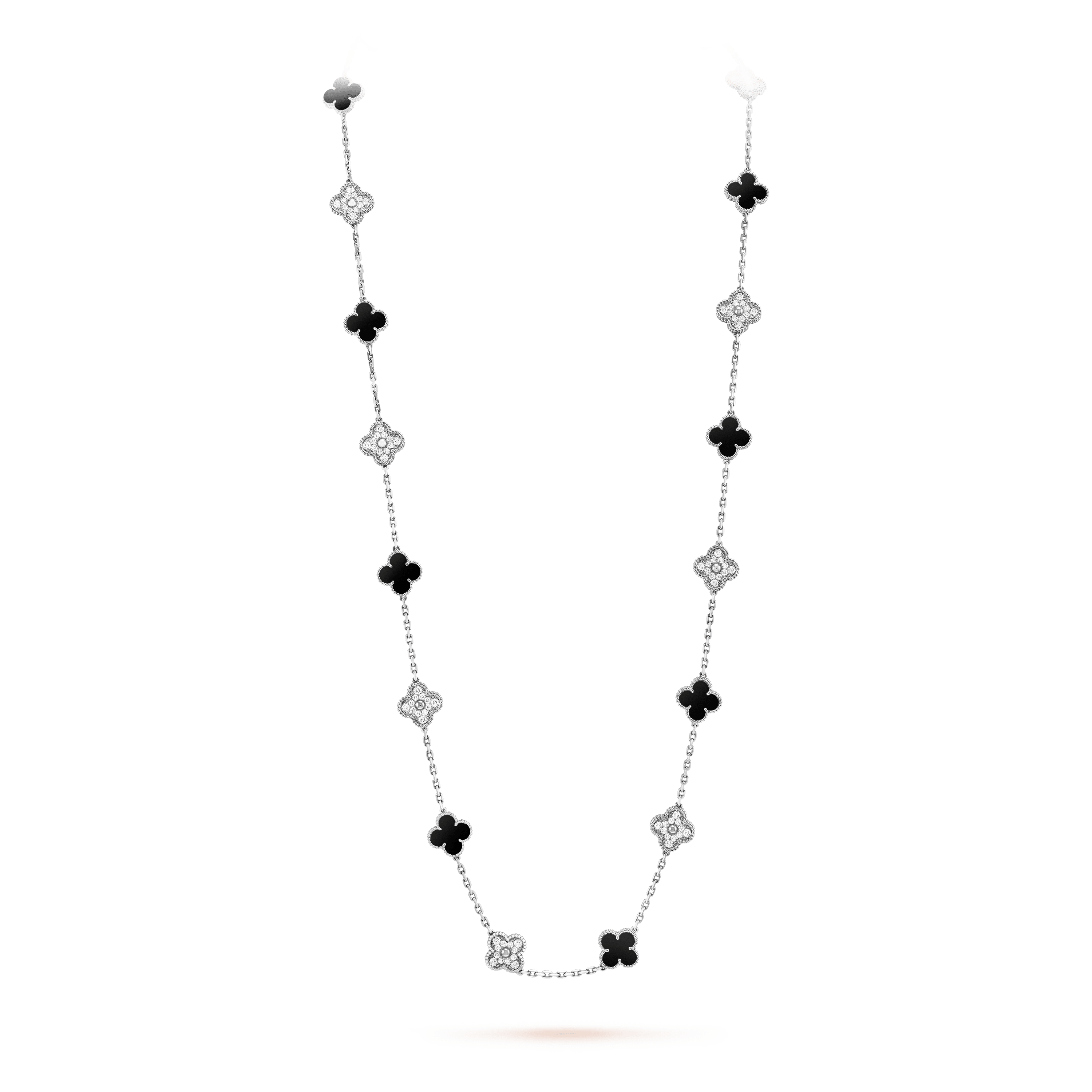 ヴィンテージ アルハンブラ ロングネックレス、20モチーフ, ホワイトゴールド, オニキス: 10 石, ダイヤモンド: 120 石, 4.83 カラット, On Stand, Jewelry Long Necklace