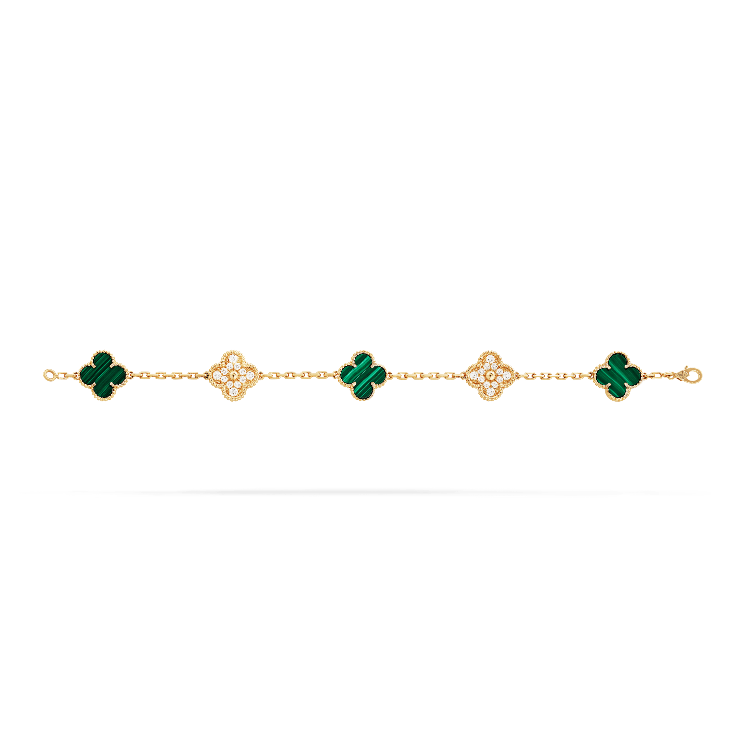 ヴィンテージ アルハンブラ ブレスレット、5モチーフ, イエローゴールド, ダイヤモンド: 24 石, 0.97 カラット, マラカイト: 3 石, Open, Jewelry Bracelet