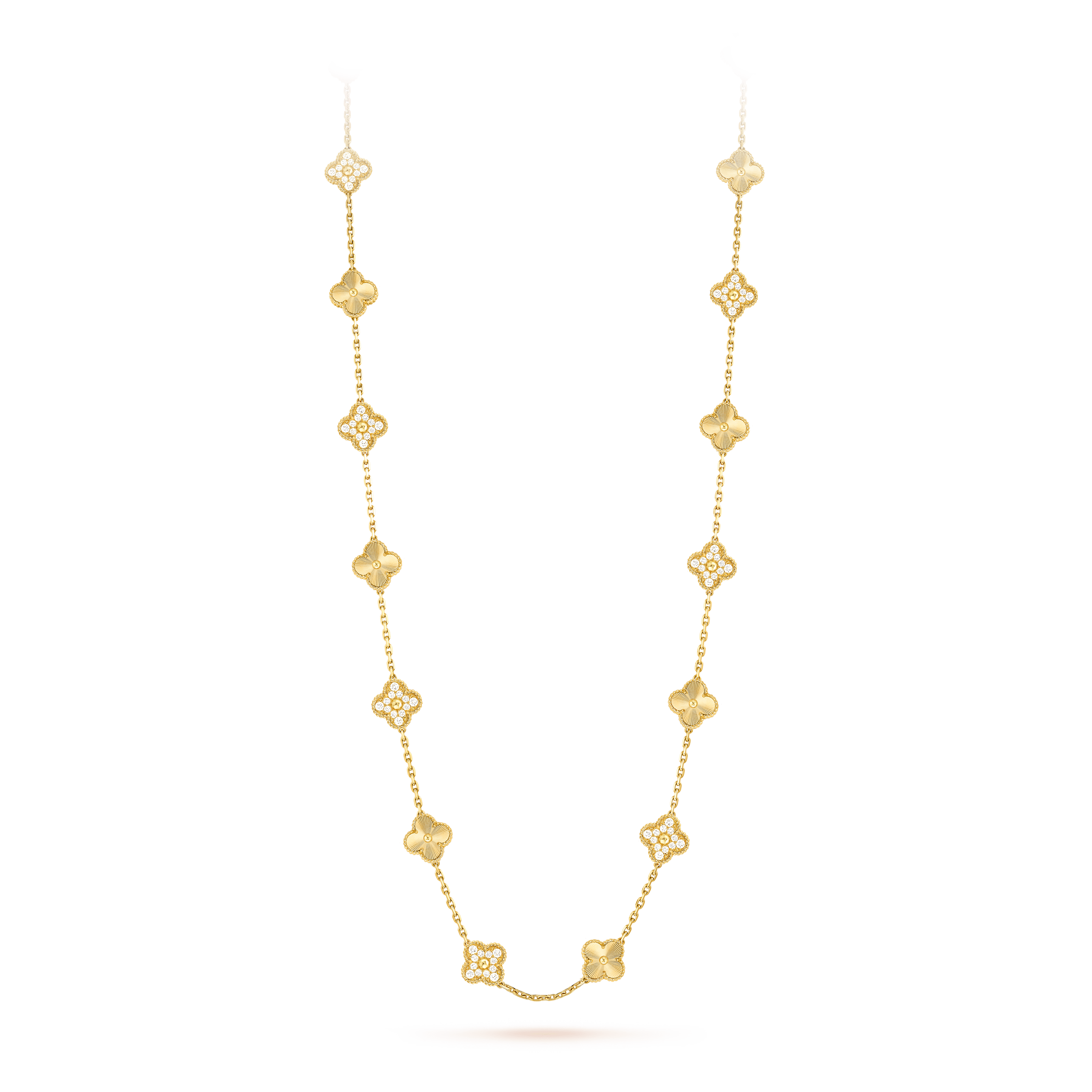 ヴィンテージ アルハンブラ ロングネックレス、20モチーフ, イエローゴールド, ダイヤモンド: 120 石, 4.83 カラット, On Stand, Jewelry Long Necklace