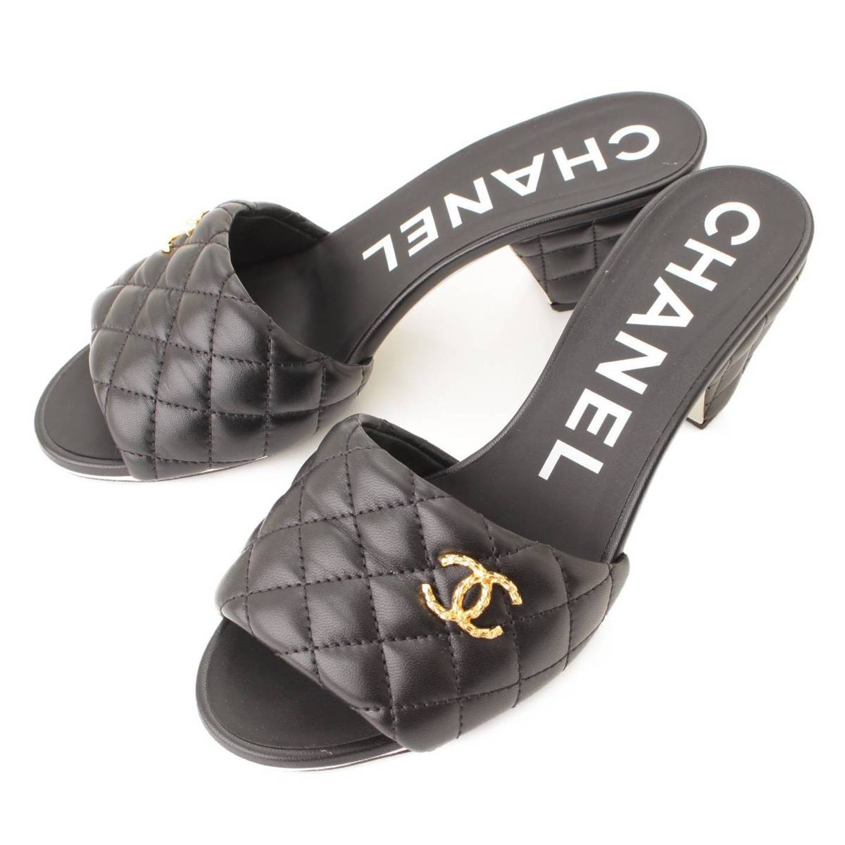 【シャネル】Chanel22PラムスキンマトラッセミュールコーンヒールサンダルG38820ブラック38C【中古】【鑑定済・正規品保証】159359