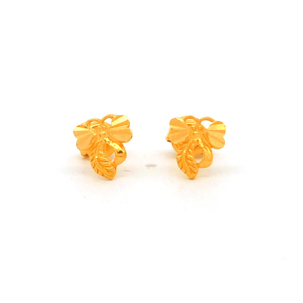 Ribbon With Leaves Gold Stud Earrings