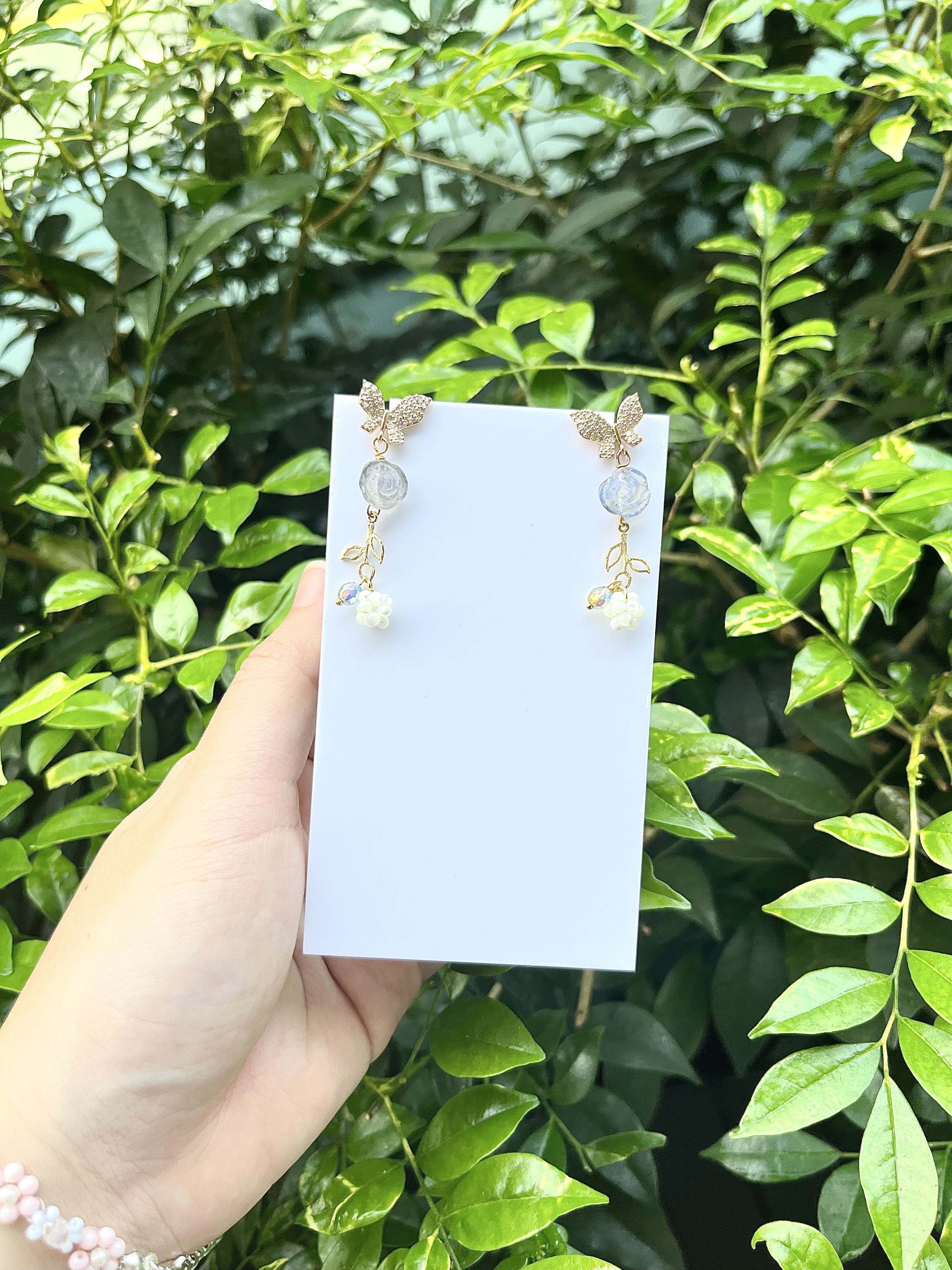 Mini Labradorite Rose with Butterfly and Flower Adornments Earring